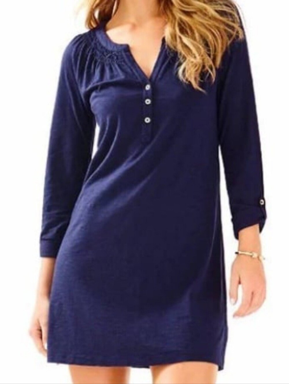 Lilly Pulitzer Navy Three-Button Smocked Neck Tunic Dress